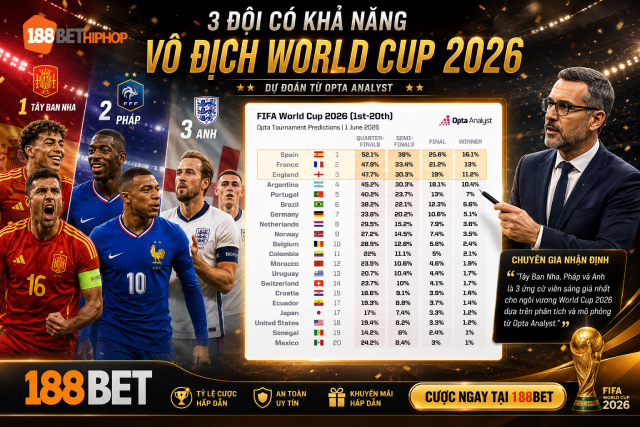 Bảng phần trăm xếp hạng 3 đội có khả năng vô địch World Cup 2026 cùng chuyên gia 188BET SANTAGERTRUDIS